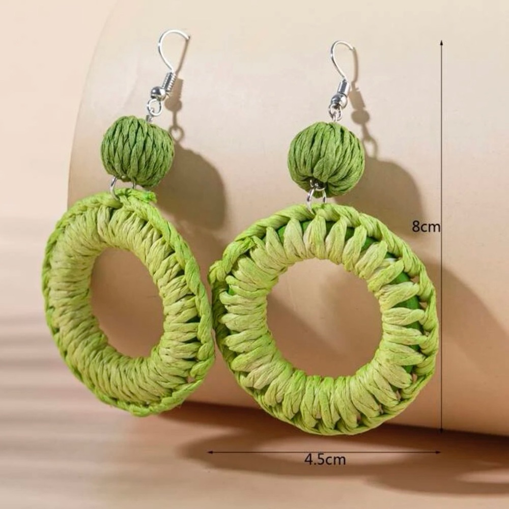 Rattan Round Drop Earrings Green Fiesta‎ Spring Cinco de Mayo FIESTA - Picture 2 of 3